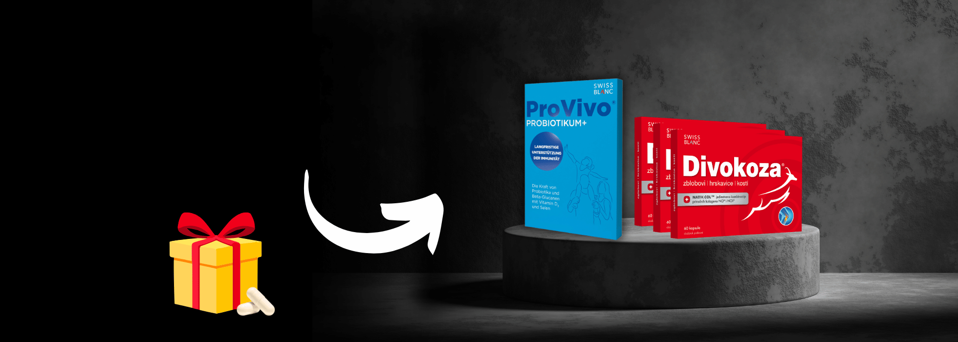 Proizvodi ProVivo i Divokoza postavljeni su na okruglu podlogu s tamnom pozadinom, a pokraj njih nalaze se poklon-kutijica i dvije kapsule.
