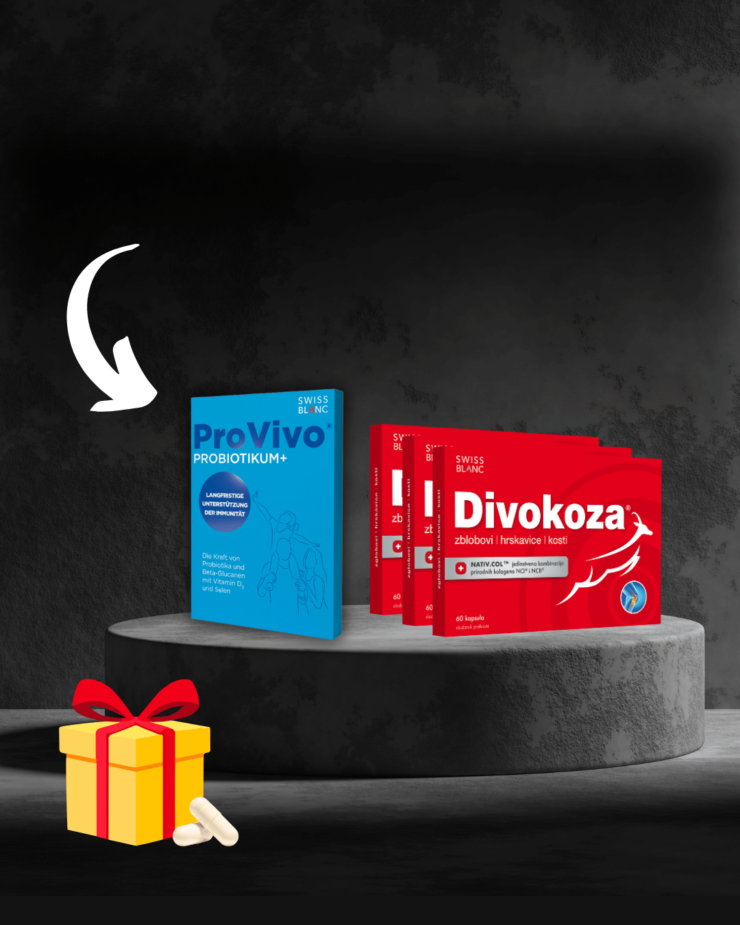 Proizvodi ProVivo i Divokoza postavljeni su na okruglu podlogu s tamnom pozadinom, a pokraj njih nalaze se poklon-kutijica i dvije kapsule.